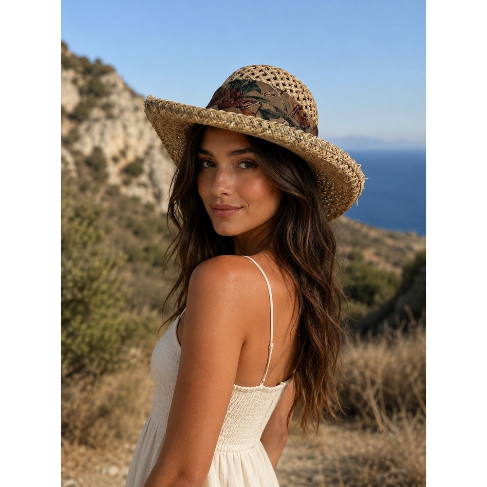 Firethorn Summer Rules Straw Sun Hat Floral Tapestry Scarf Bow Wide Brim Tan